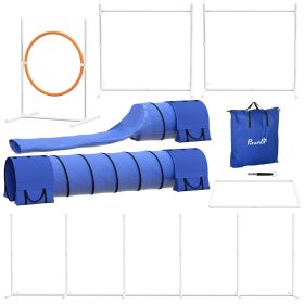PawHut 7 Pcs Dog Agility Training Equipment Set with Tunnels, Weave Poles, Adjustable Hurdle, Jumping Ring, Pause Box, Blue Pet Training