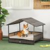 PawHut Wicker Dog House Indoor Outdoor Removable Cushion Lounge Khaki