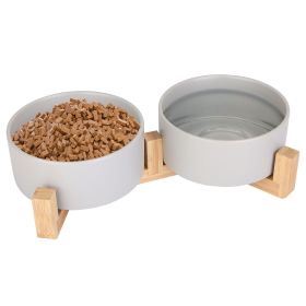 Double 28.7Oz Ceramic Pet Bowls Dog Bowls with Wooden Stand Raised Pet Feeder