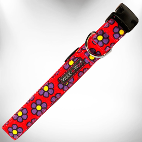 Flower Dog Collars (Color: Purple Daisies on Red, Size: XL 1.5" wide fits 18-28" neck)