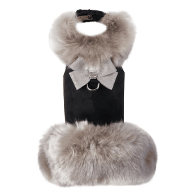 Susan Lanci Designs Platinum Glitzerati Nouveau Bow Silver Fox Faux Fur Coat (Color: Black, Size: large)