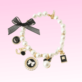 Pearls and Bow Charm Necklace (Color: Black, Size: small)